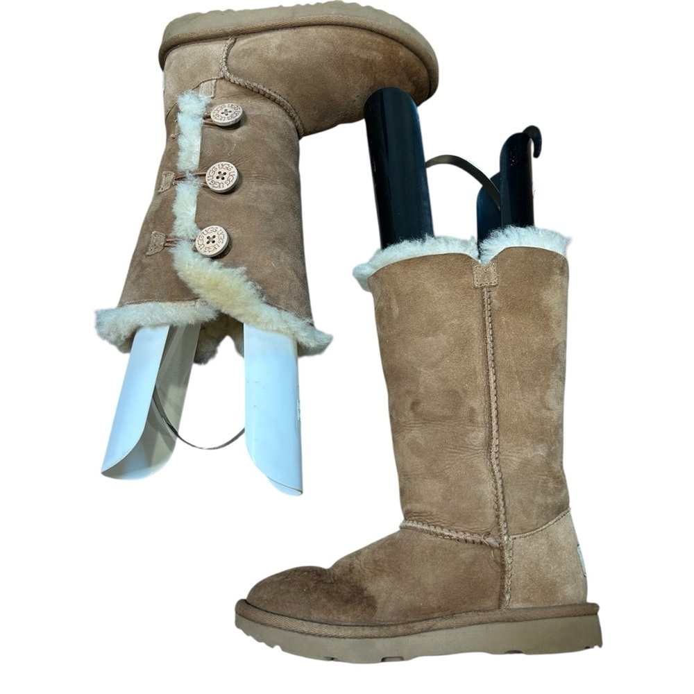 Ugg girls Bailey triple button tan suede boots size 13 fur lined waterproof tall - Picture 5 of 6